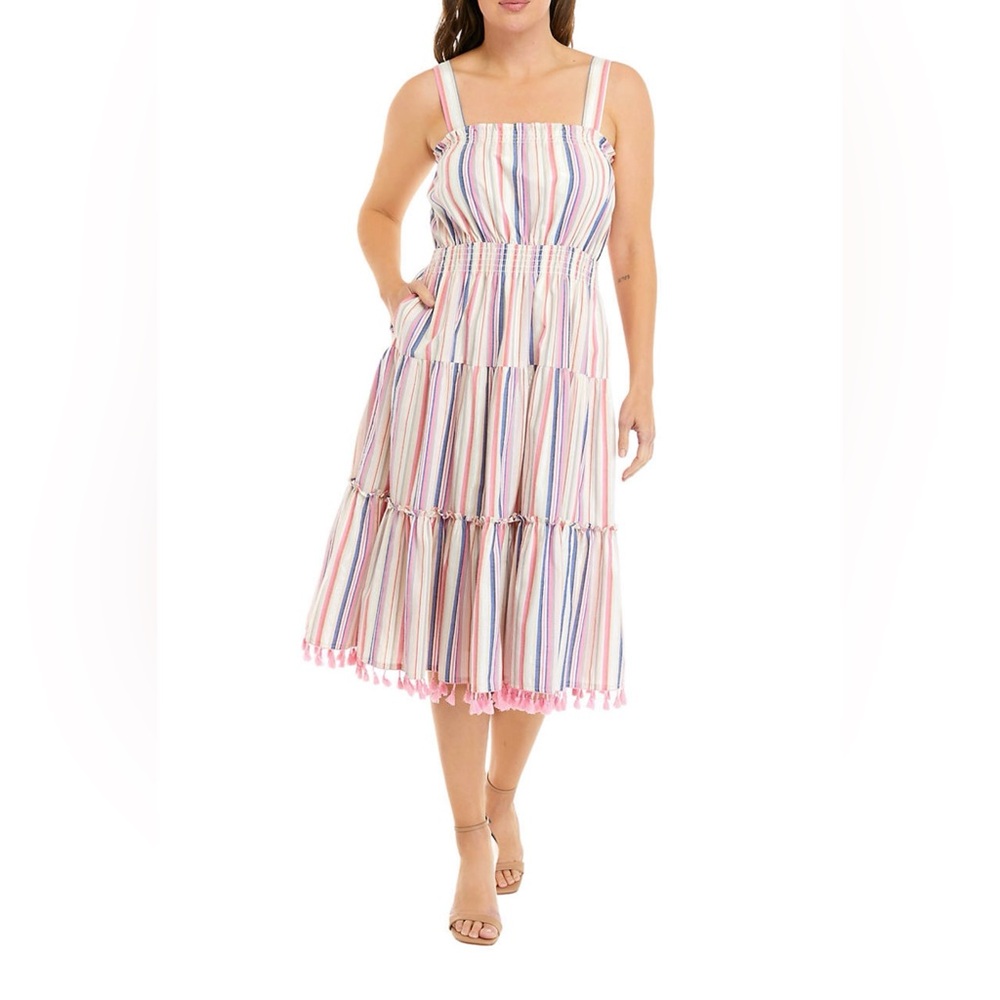 Tahari ASL

Women's Sleeveless Tiered Stripe Cotton Fringe Dress